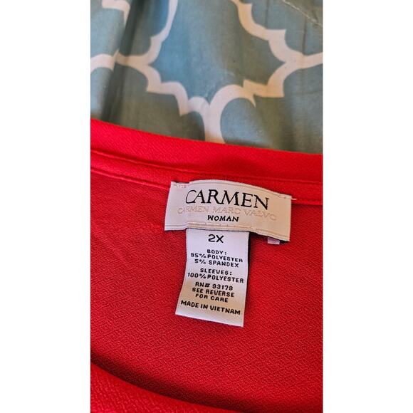 Carmen Marc Valvo Red Short Sleeve Women’s 2X Textured Sleeves Stretchy Blouse - Picture 4 of 9